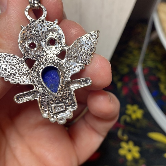 925 SS Plated Lapis and Garnet OWL necklace - Picture 3 of 3